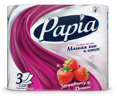 PAPIA бумага туалетная клубничная мечта с рисунком 3сл. 4рулона